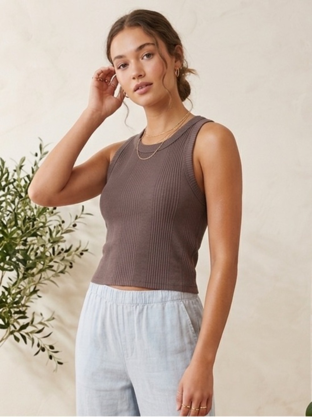 Aerie Free Spirit Ribbed High-Neck Cropped Tank Top L Clean Girl Minimalist Boho
